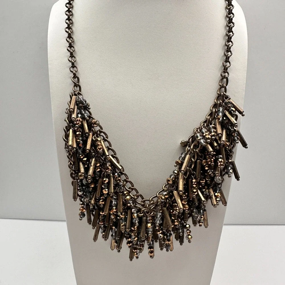 Vintage 90s Bronze Bib Necklace Glass Bead Tassel Fringe Statement Piece
